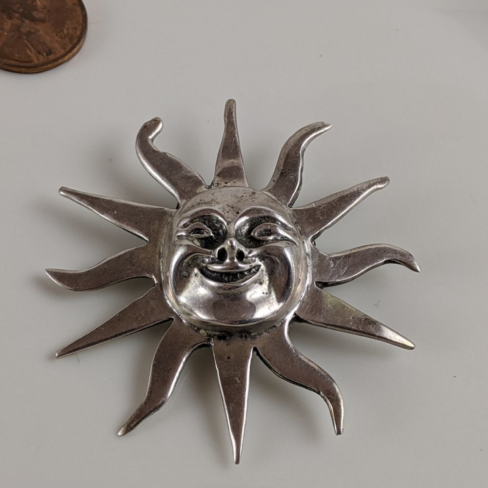 925 Sterling Silver Smiling Sun Mexico Brooch - Picture 6 of 11